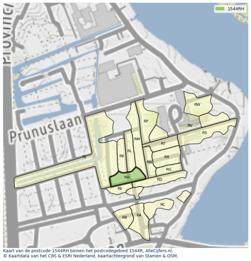 Afbeelding van het postcodegebied 1544 RH op de kaart.