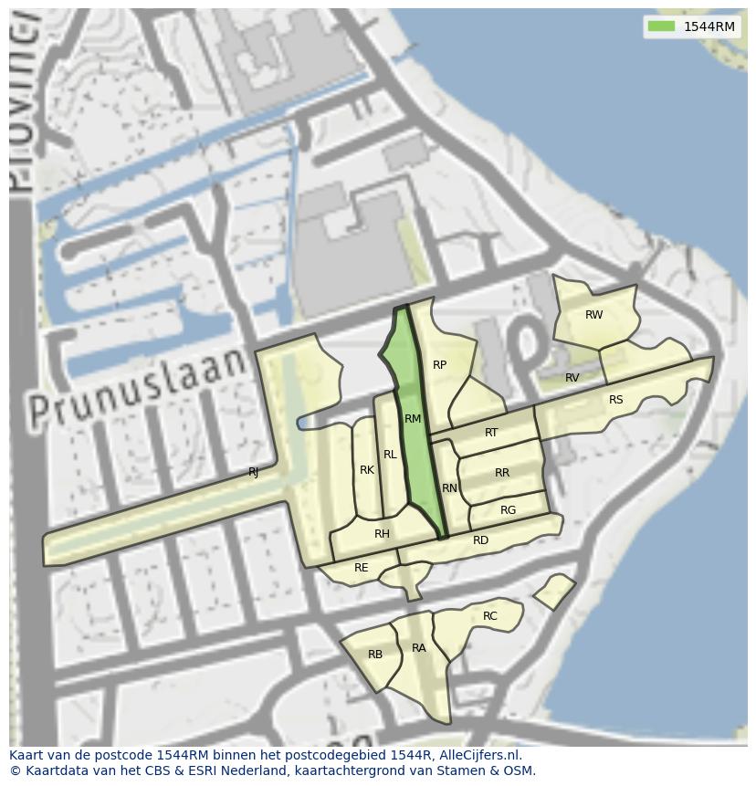 Afbeelding van het postcodegebied 1544 RM op de kaart.