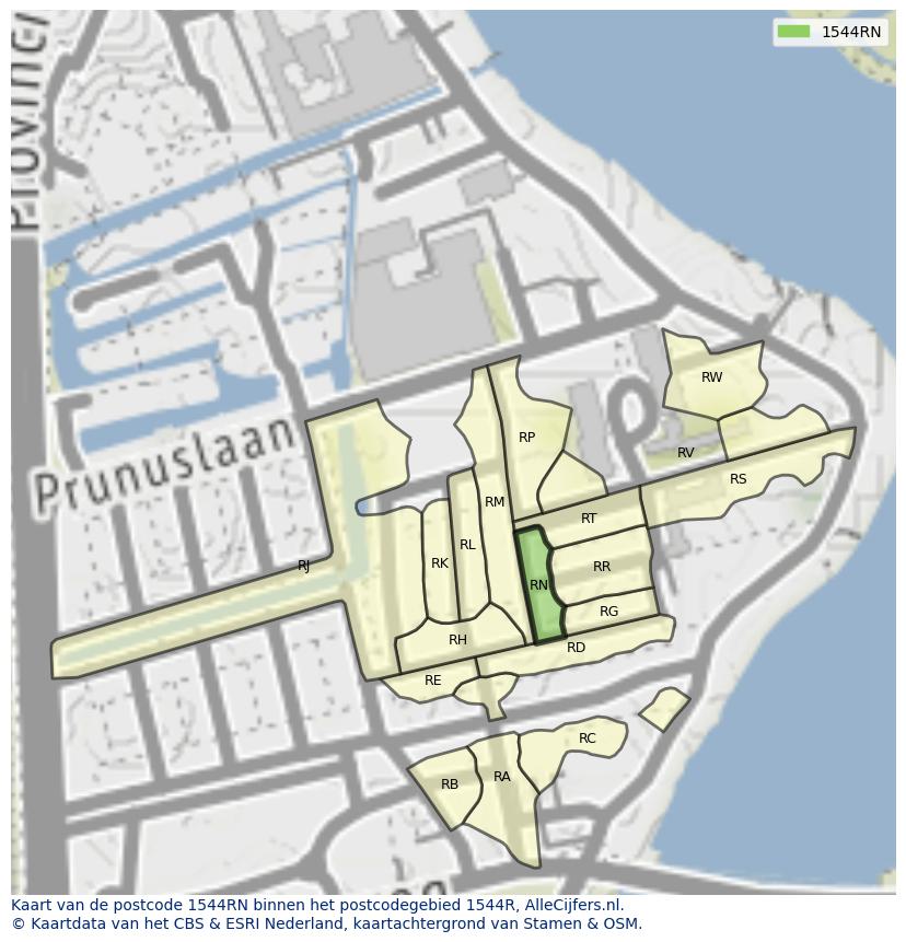 Afbeelding van het postcodegebied 1544 RN op de kaart.