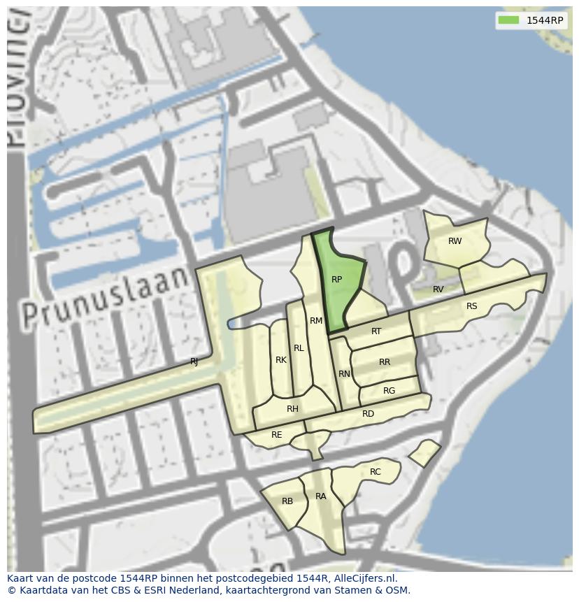 Afbeelding van het postcodegebied 1544 RP op de kaart.
