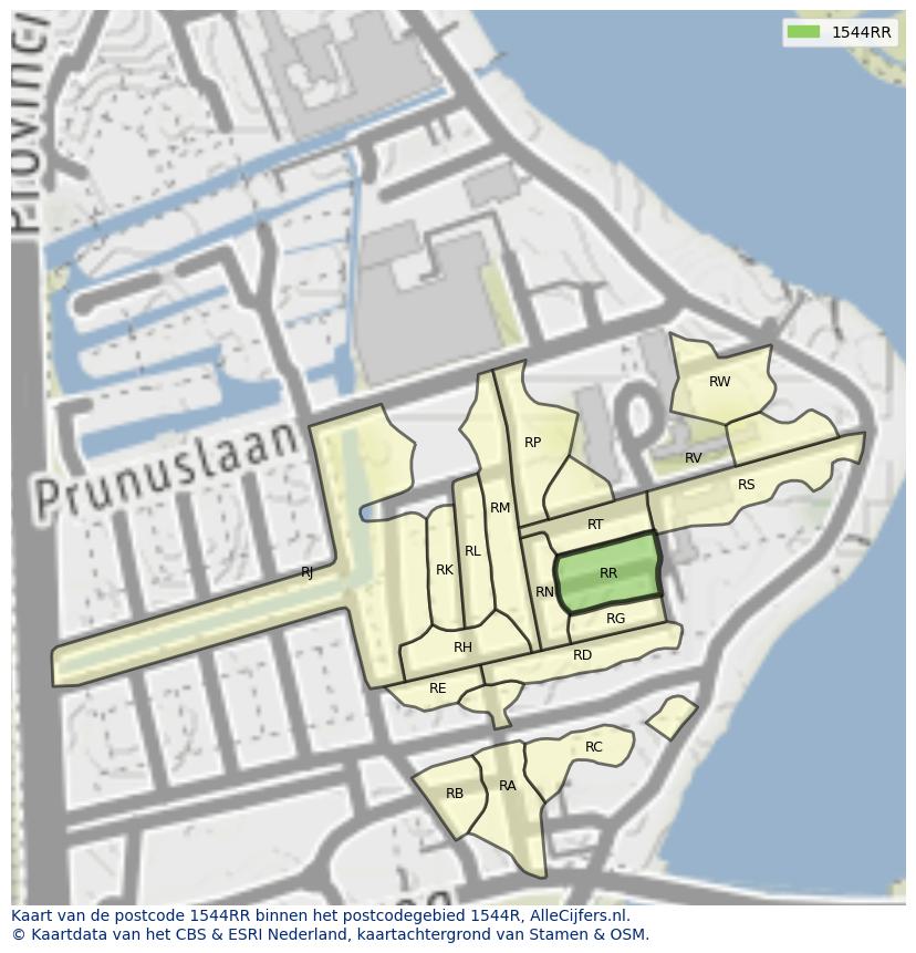 Afbeelding van het postcodegebied 1544 RR op de kaart.