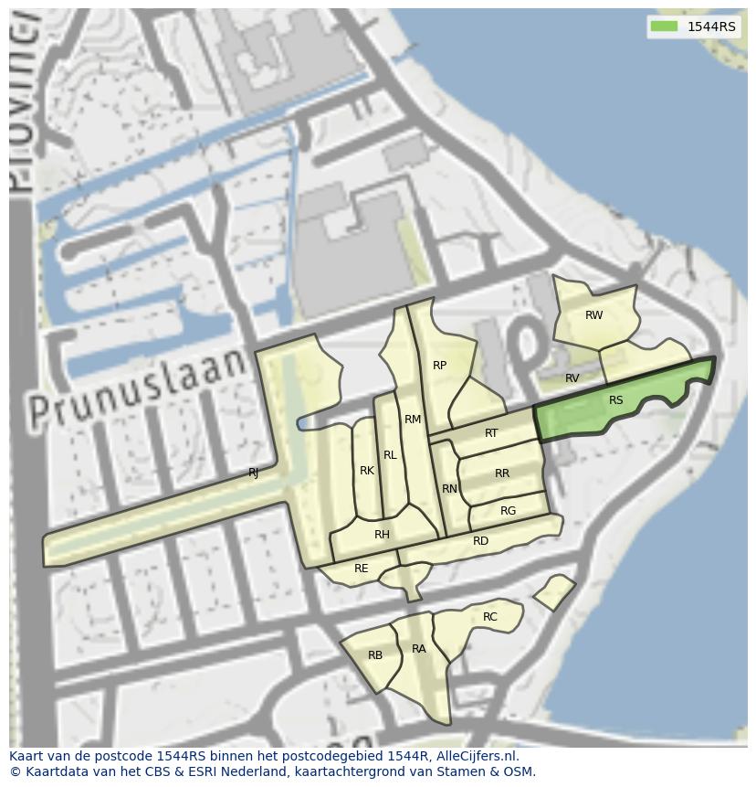 Afbeelding van het postcodegebied 1544 RS op de kaart.