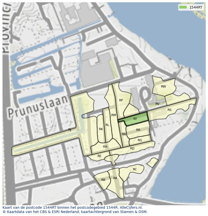 Afbeelding van het postcodegebied 1544 RT op de kaart.