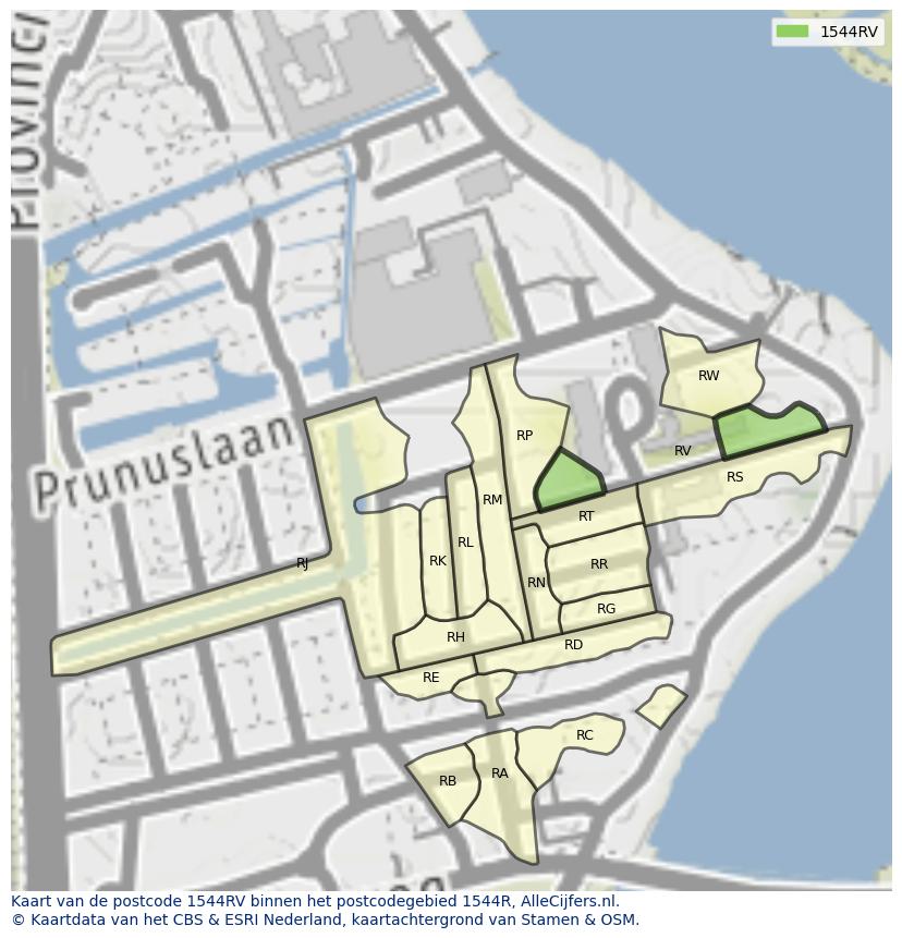 Afbeelding van het postcodegebied 1544 RV op de kaart.