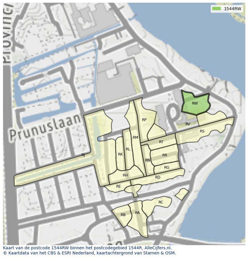 Afbeelding van het postcodegebied 1544 RW op de kaart.
