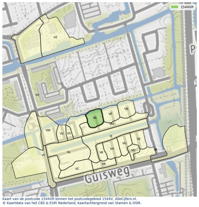 Afbeelding van het postcodegebied 1544 VR op de kaart.