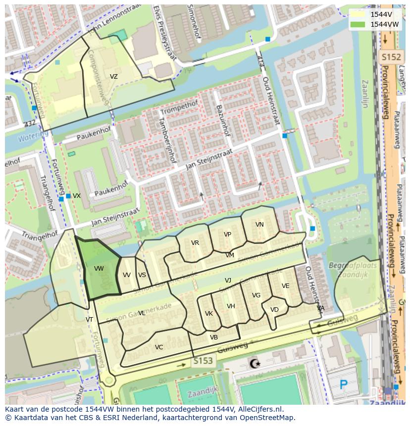 Afbeelding van het postcodegebied 1544 VW op de kaart.