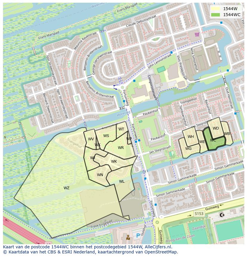 Afbeelding van het postcodegebied 1544 WC op de kaart.