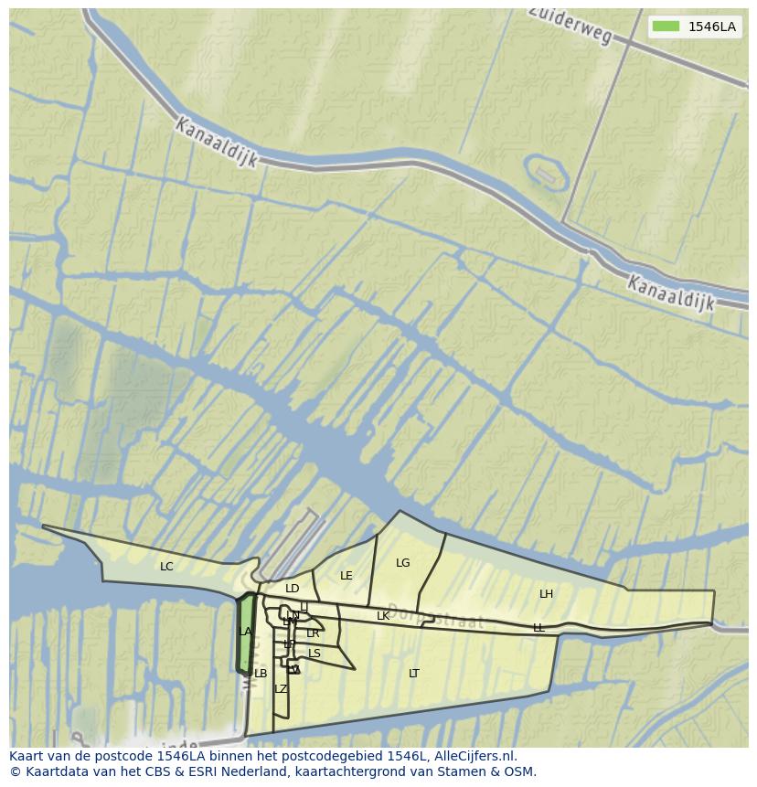 Afbeelding van het postcodegebied 1546 LA op de kaart.