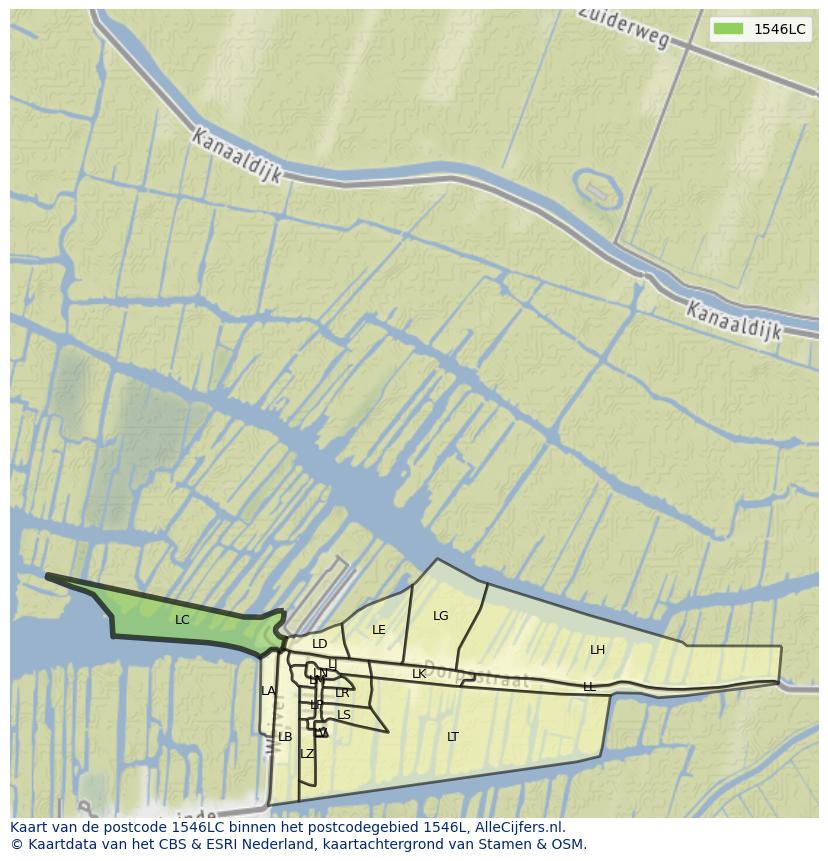 Afbeelding van het postcodegebied 1546 LC op de kaart.