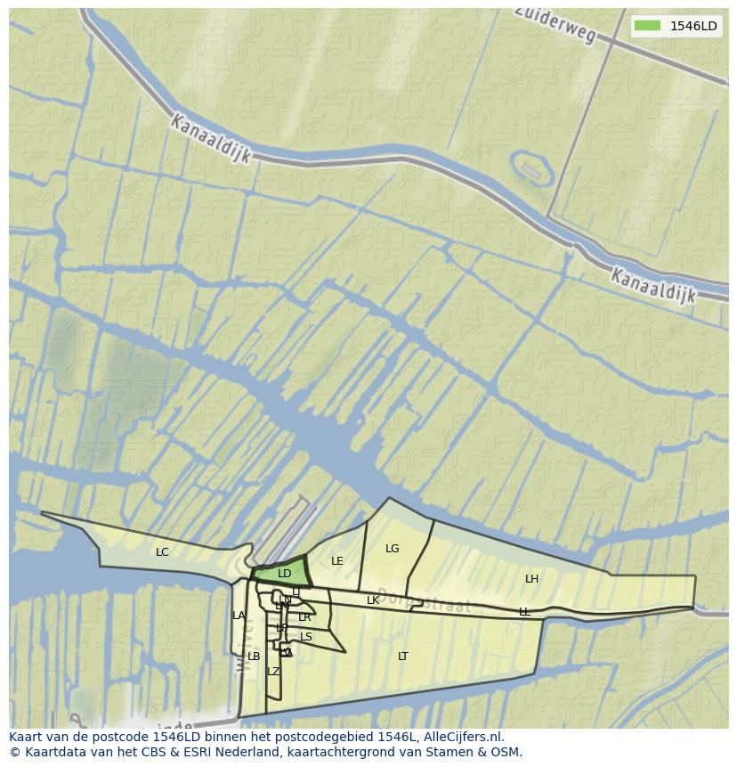 Afbeelding van het postcodegebied 1546 LD op de kaart.