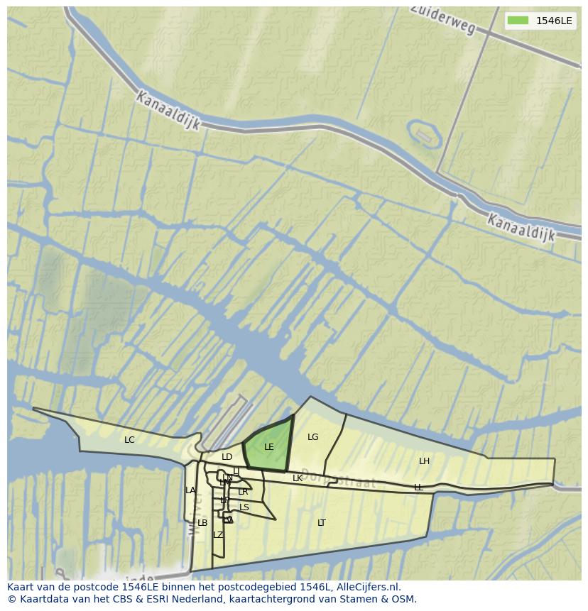 Afbeelding van het postcodegebied 1546 LE op de kaart.
