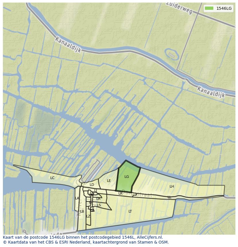 Afbeelding van het postcodegebied 1546 LG op de kaart.