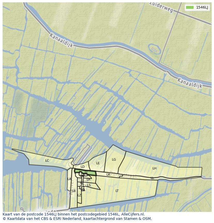 Afbeelding van het postcodegebied 1546 LJ op de kaart.