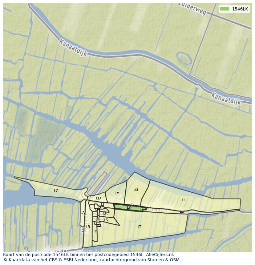 Afbeelding van het postcodegebied 1546 LK op de kaart.