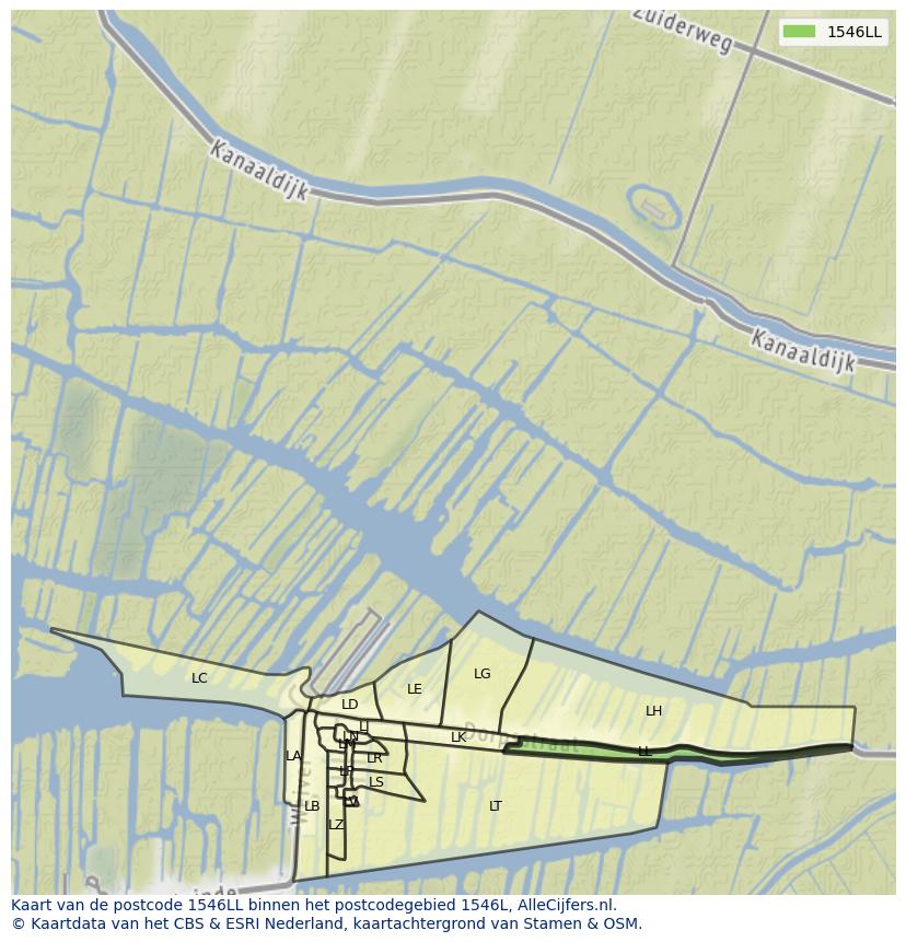 Afbeelding van het postcodegebied 1546 LL op de kaart.