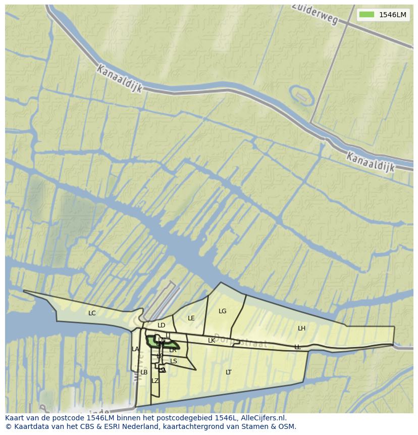 Afbeelding van het postcodegebied 1546 LM op de kaart.