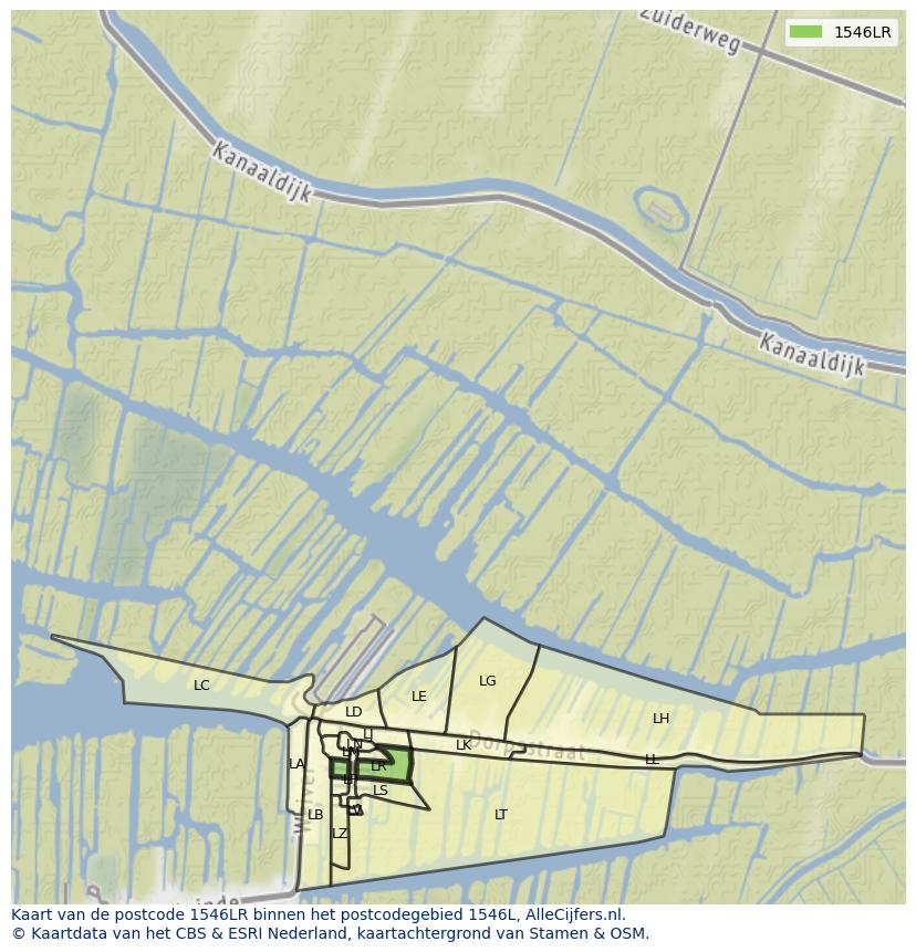 Afbeelding van het postcodegebied 1546 LR op de kaart.