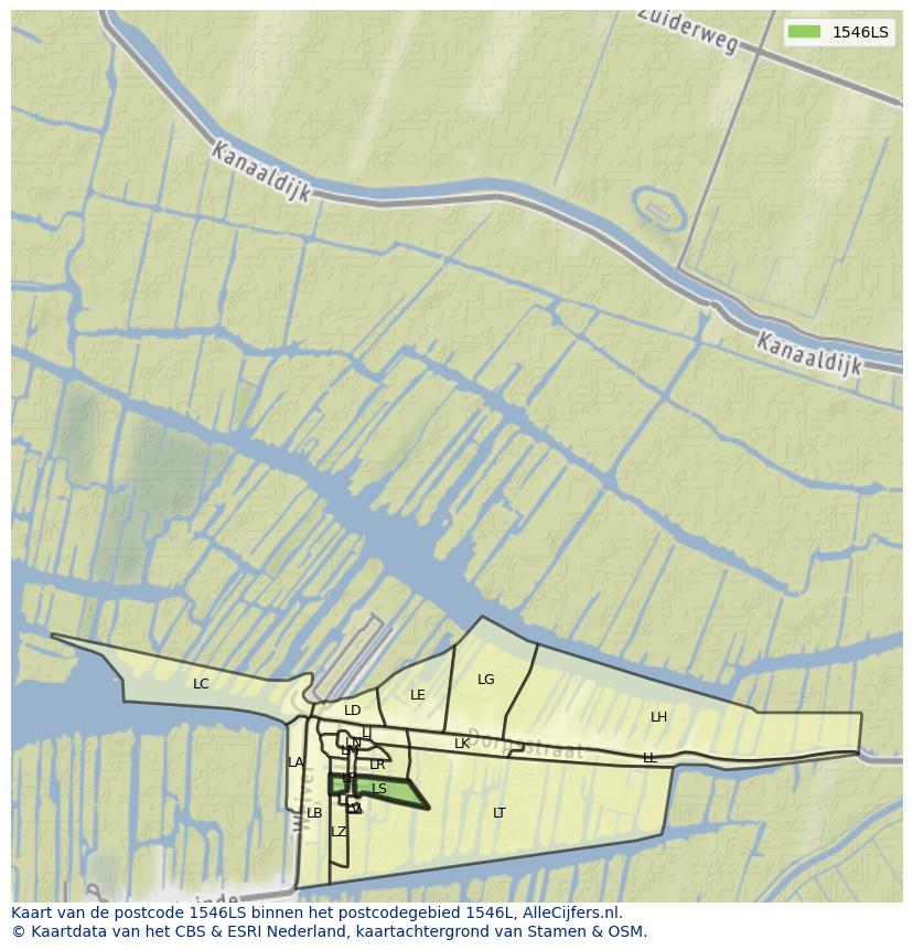 Afbeelding van het postcodegebied 1546 LS op de kaart.
