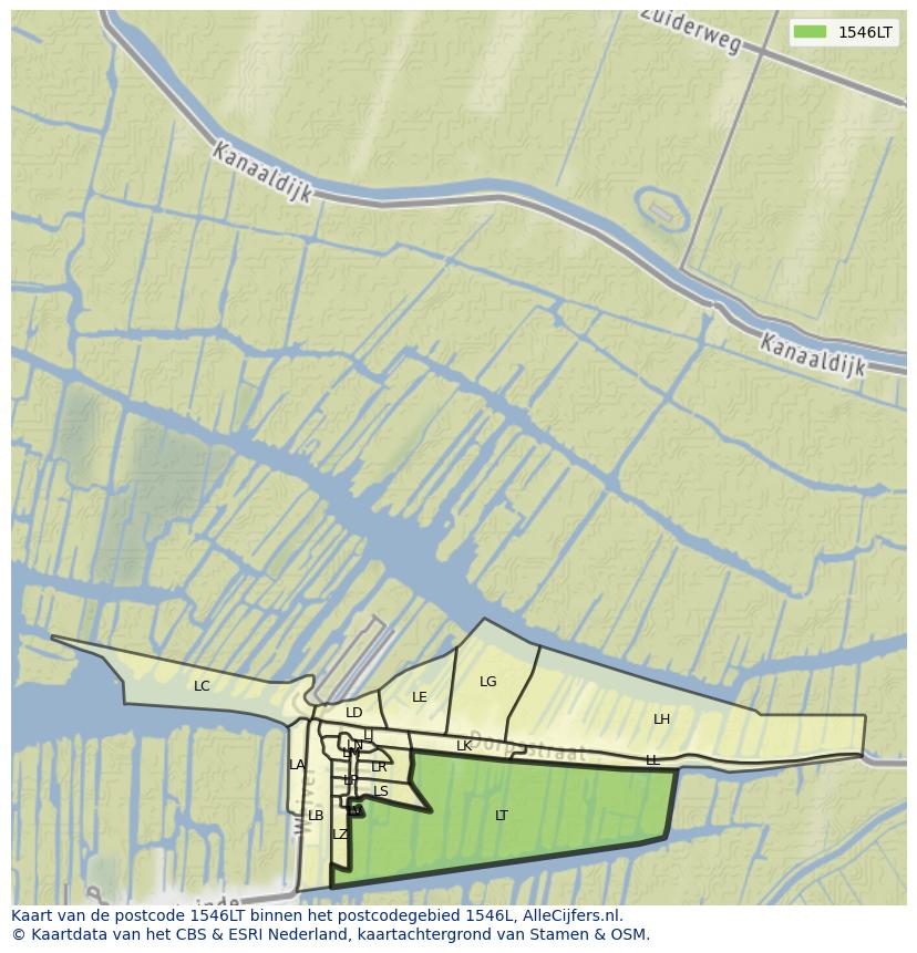 Afbeelding van het postcodegebied 1546 LT op de kaart.