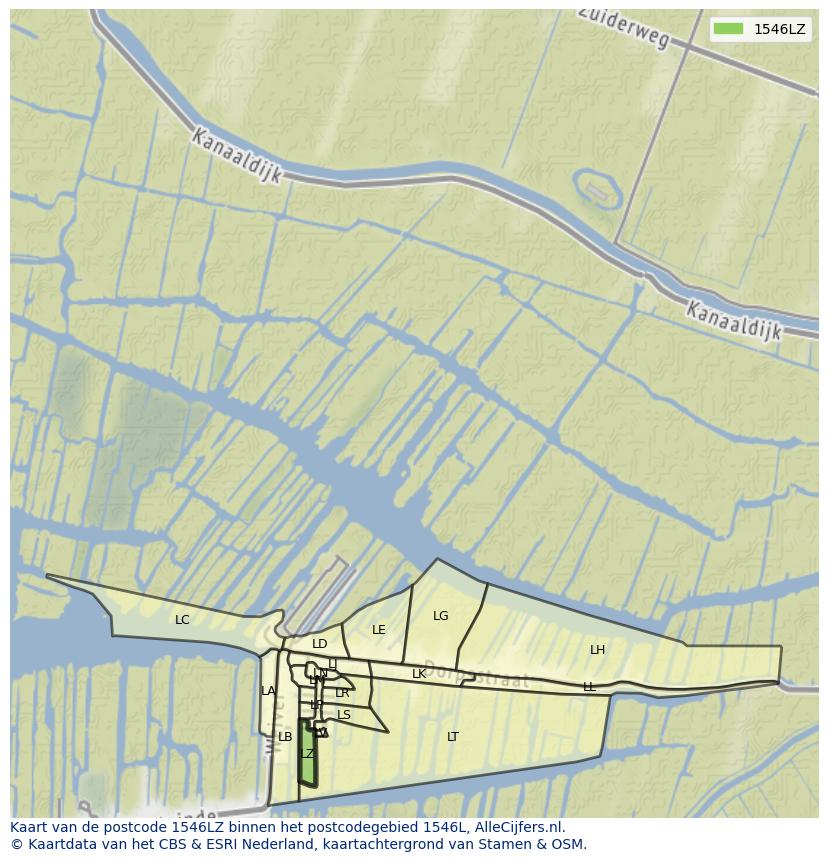 Afbeelding van het postcodegebied 1546 LZ op de kaart.