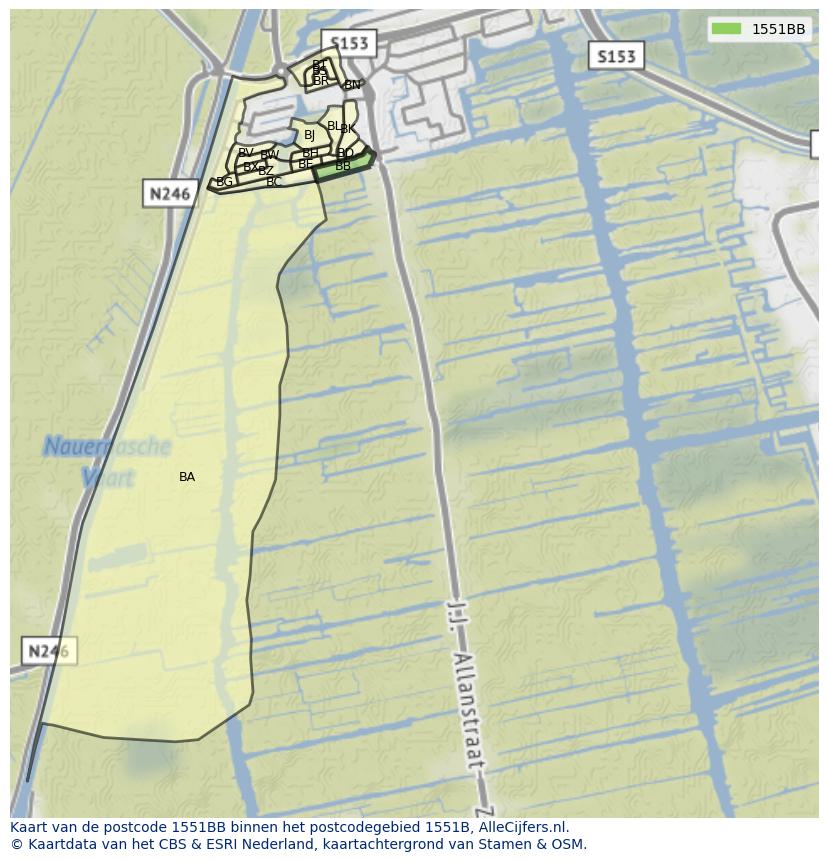 Afbeelding van het postcodegebied 1551 BB op de kaart.
