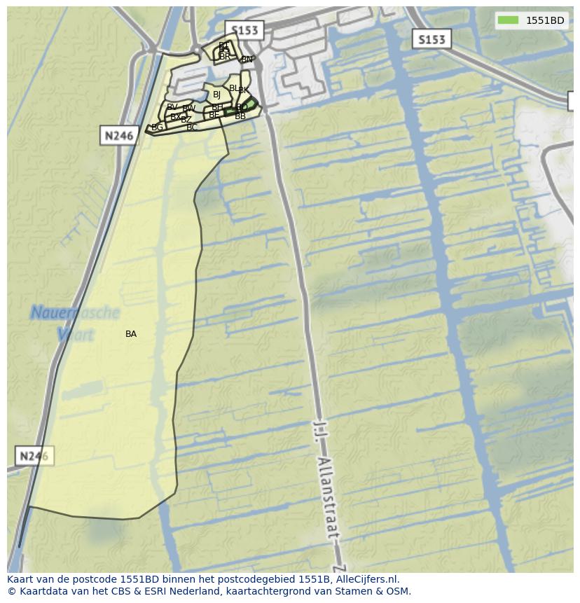 Afbeelding van het postcodegebied 1551 BD op de kaart.