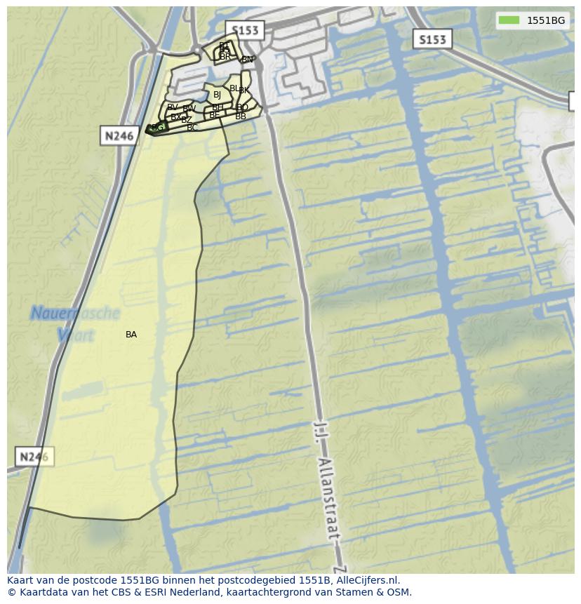 Afbeelding van het postcodegebied 1551 BG op de kaart.