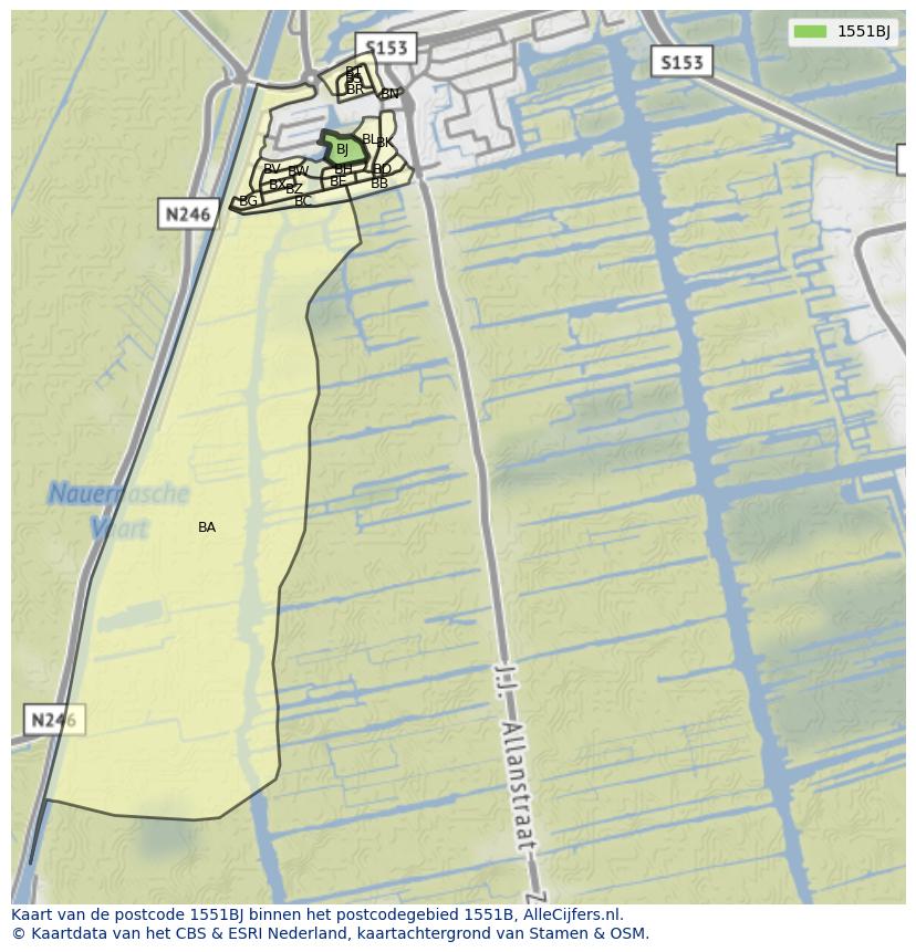 Afbeelding van het postcodegebied 1551 BJ op de kaart.