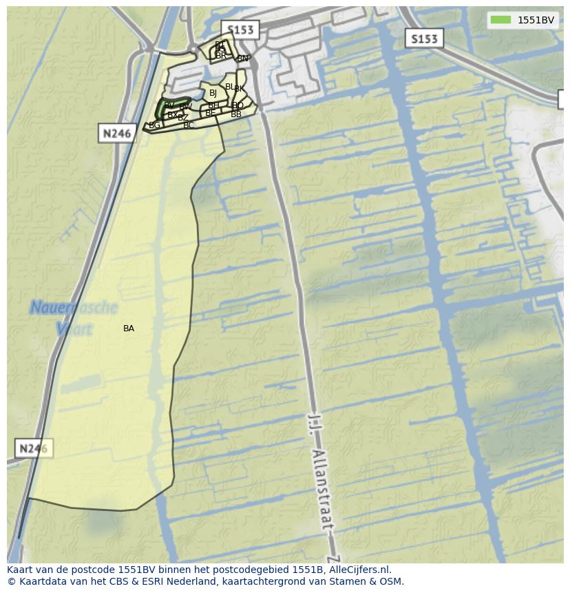 Afbeelding van het postcodegebied 1551 BV op de kaart.
