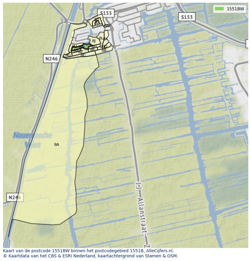 Afbeelding van het postcodegebied 1551 BW op de kaart.