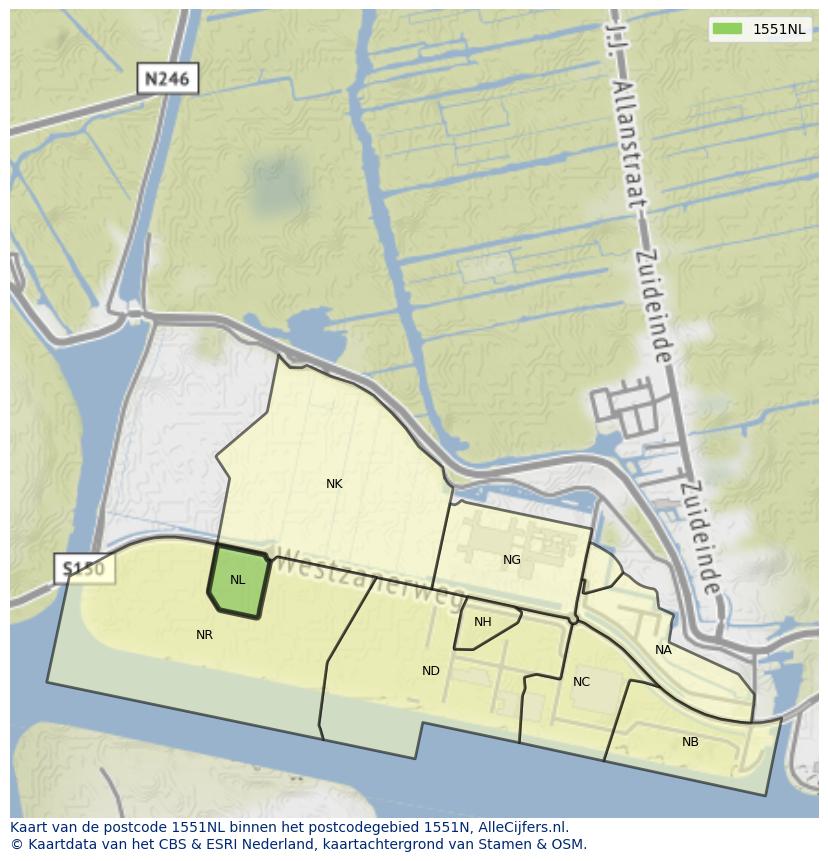 Afbeelding van het postcodegebied 1551 NL op de kaart.