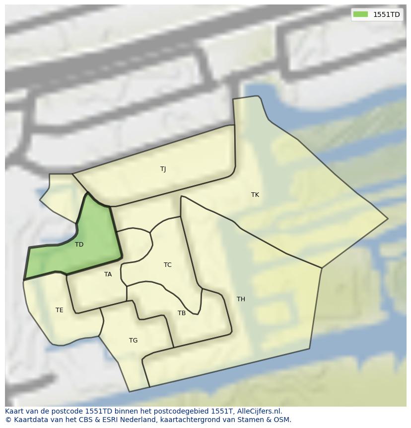 Afbeelding van het postcodegebied 1551 TD op de kaart.