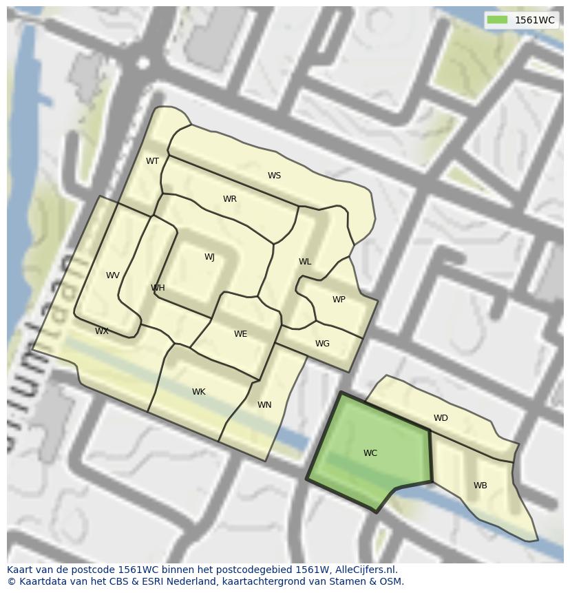 Afbeelding van het postcodegebied 1561 WC op de kaart.
