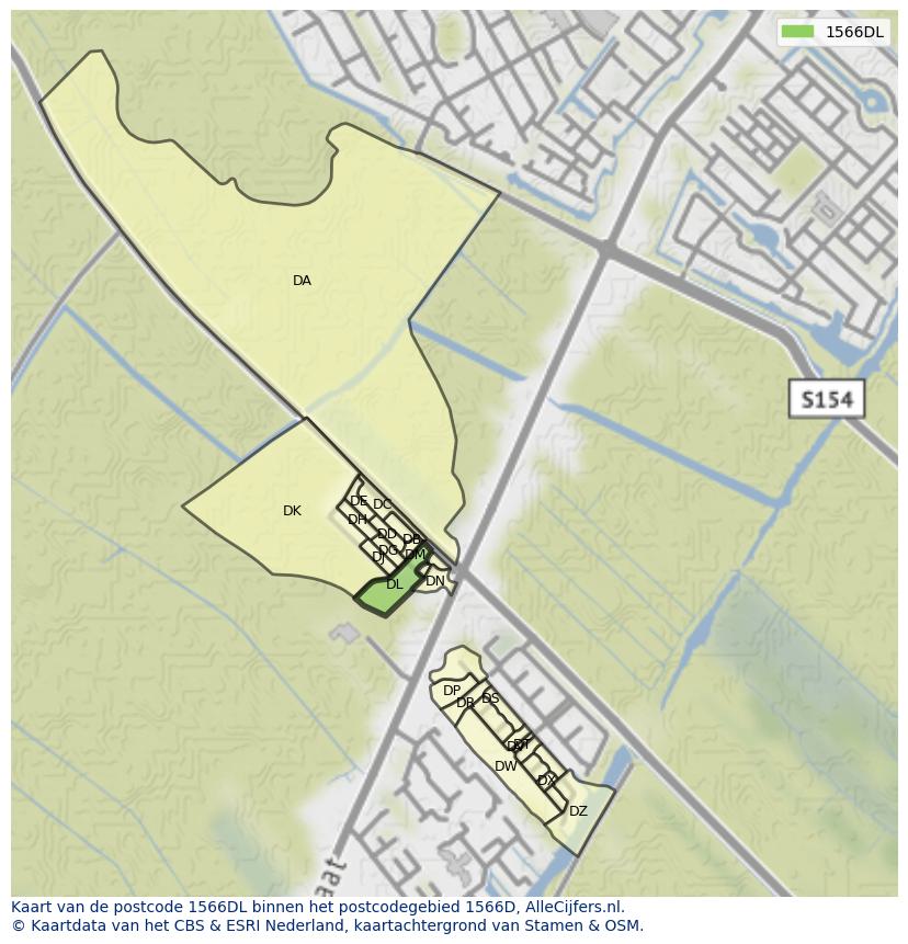Afbeelding van het postcodegebied 1566 DL op de kaart.