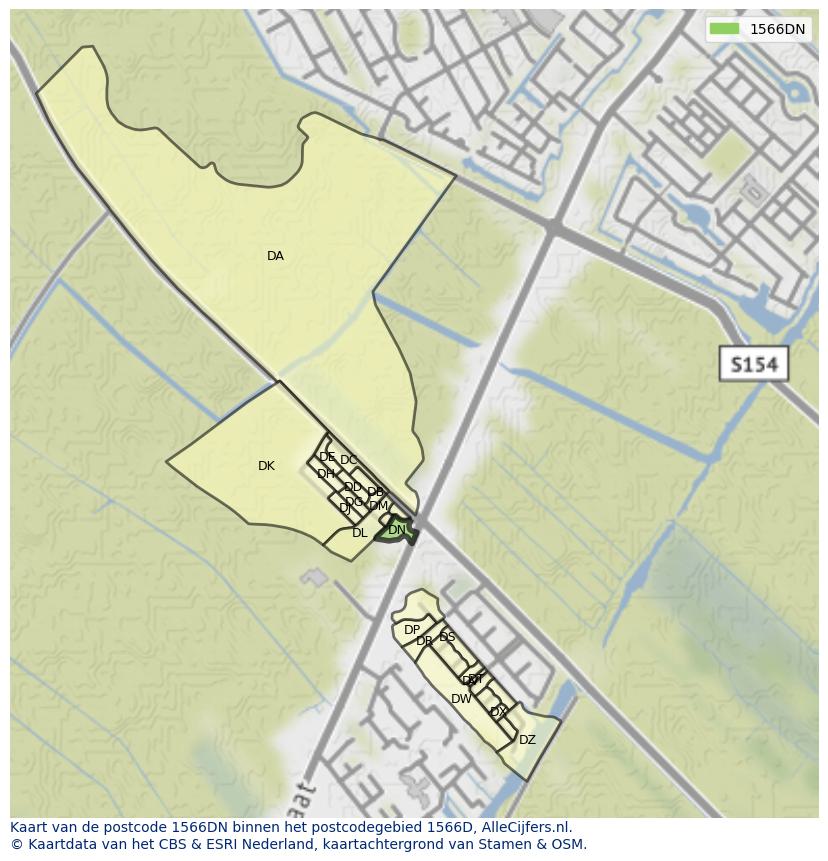 Afbeelding van het postcodegebied 1566 DN op de kaart.