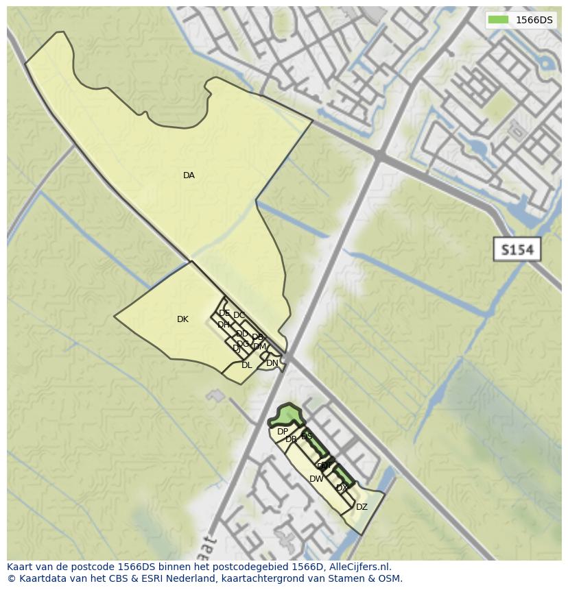 Afbeelding van het postcodegebied 1566 DS op de kaart.