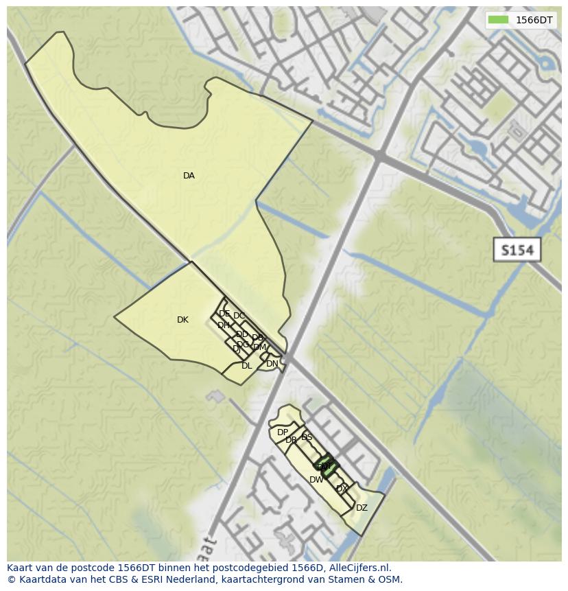 Afbeelding van het postcodegebied 1566 DT op de kaart.