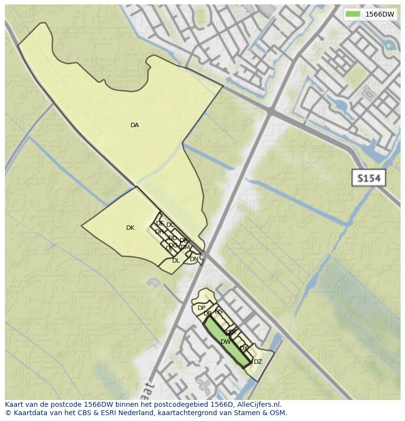 Afbeelding van het postcodegebied 1566 DW op de kaart.