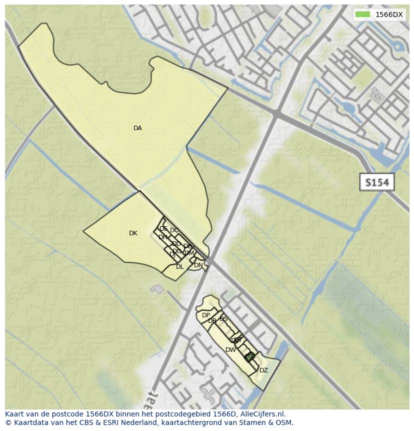 Afbeelding van het postcodegebied 1566 DX op de kaart.
