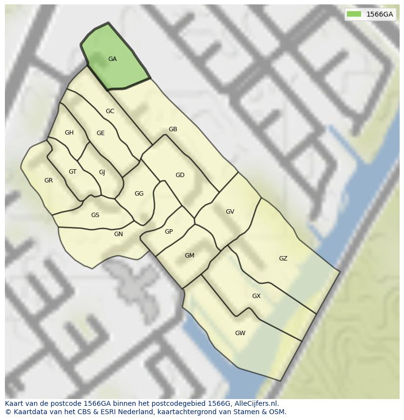 Afbeelding van het postcodegebied 1566 GA op de kaart.