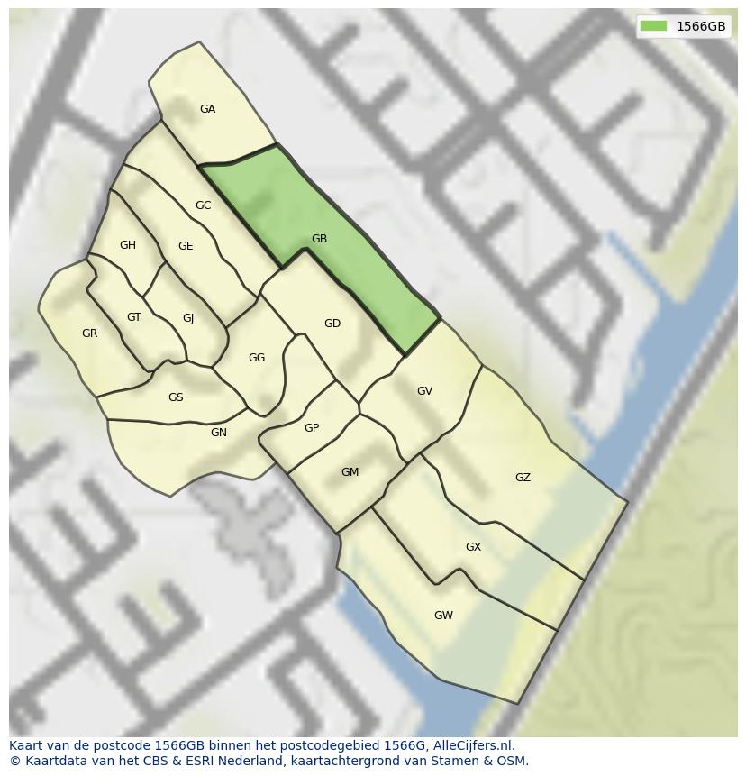 Afbeelding van het postcodegebied 1566 GB op de kaart.