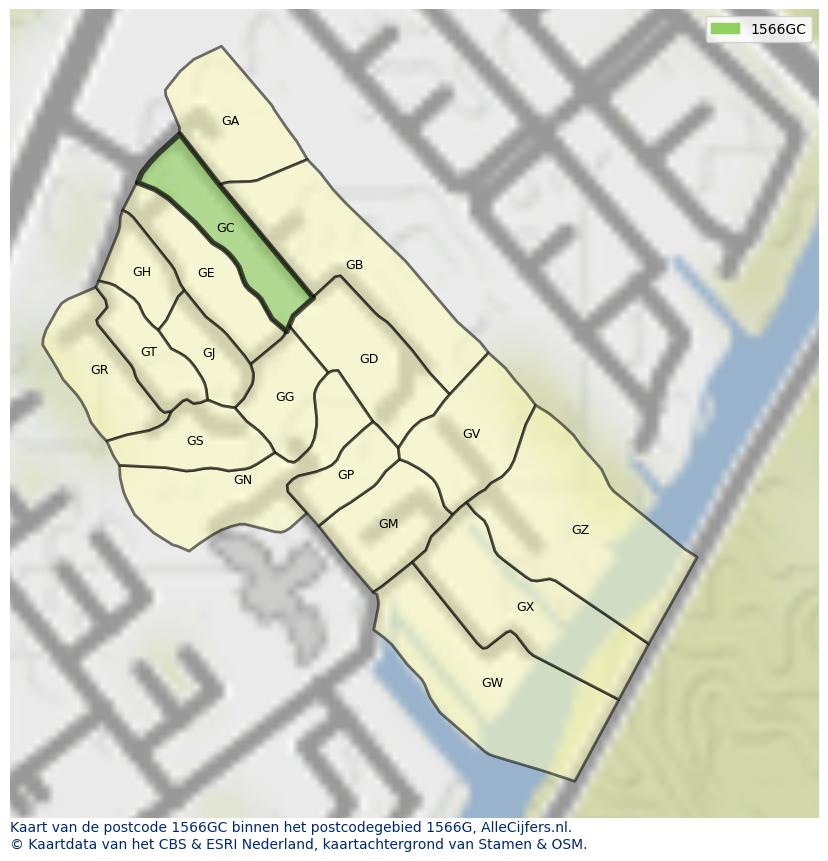 Afbeelding van het postcodegebied 1566 GC op de kaart.