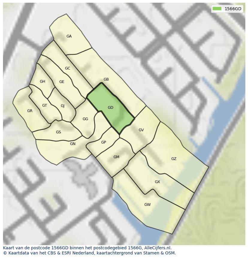 Afbeelding van het postcodegebied 1566 GD op de kaart.