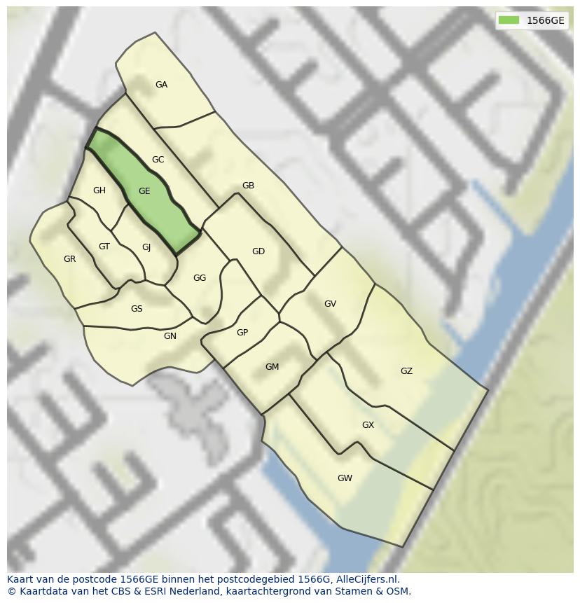 Afbeelding van het postcodegebied 1566 GE op de kaart.