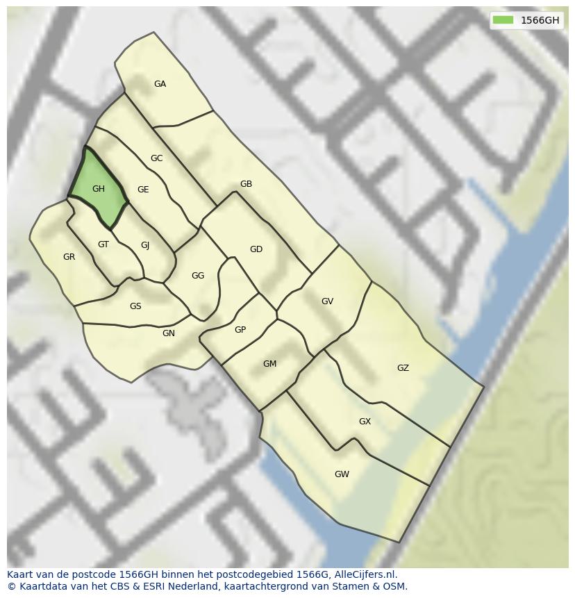 Afbeelding van het postcodegebied 1566 GH op de kaart.