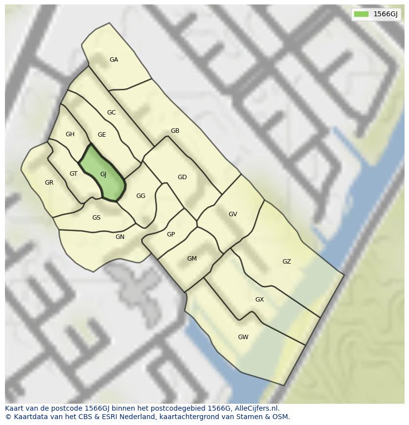 Afbeelding van het postcodegebied 1566 GJ op de kaart.