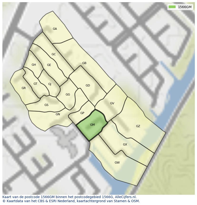 Afbeelding van het postcodegebied 1566 GM op de kaart.