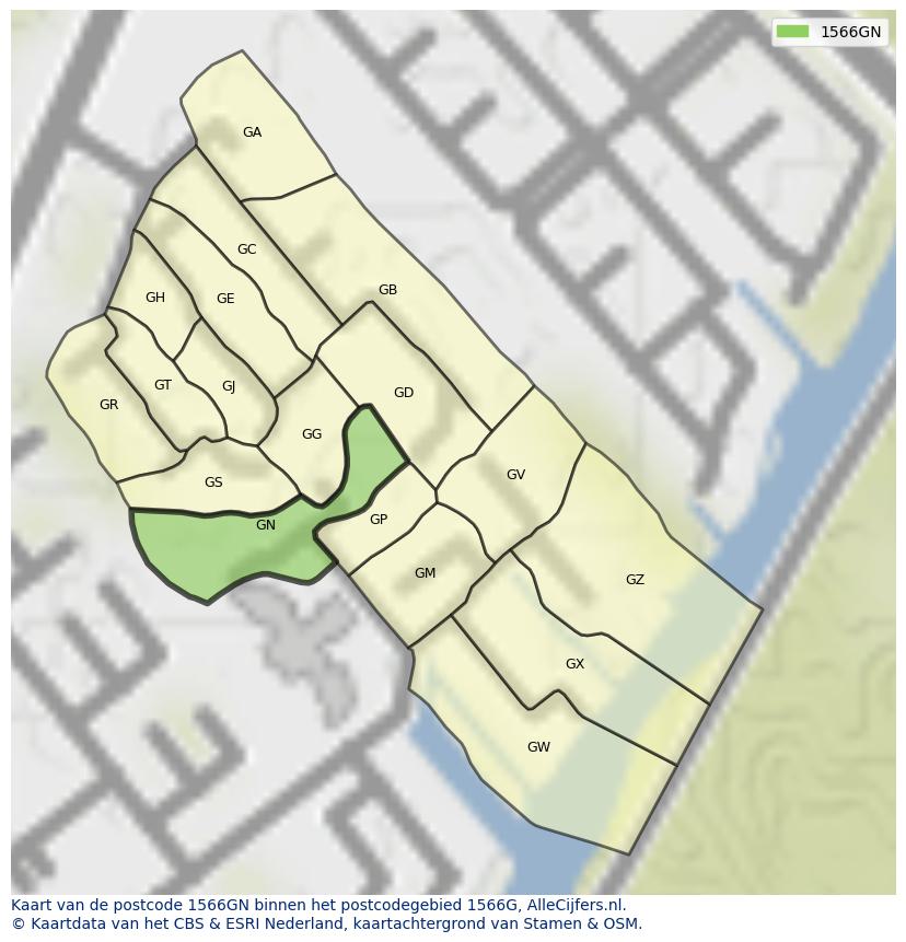 Afbeelding van het postcodegebied 1566 GN op de kaart.