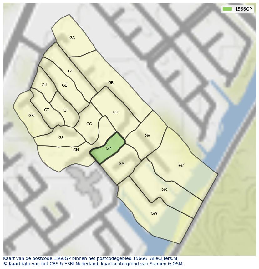 Afbeelding van het postcodegebied 1566 GP op de kaart.